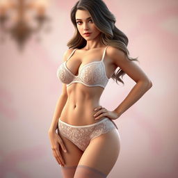 A stylized 3D render of a confident woman in elegant lingerie, showcasing intricate lace patterns and soft fabrics