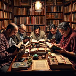 A group of seven book collectors at a table, deeply engaged in examining their precious books