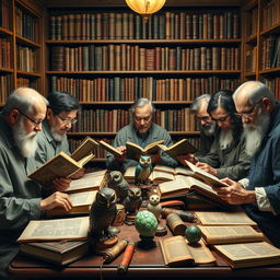 A group of seven book collectors at a table, deeply engaged in examining their precious books