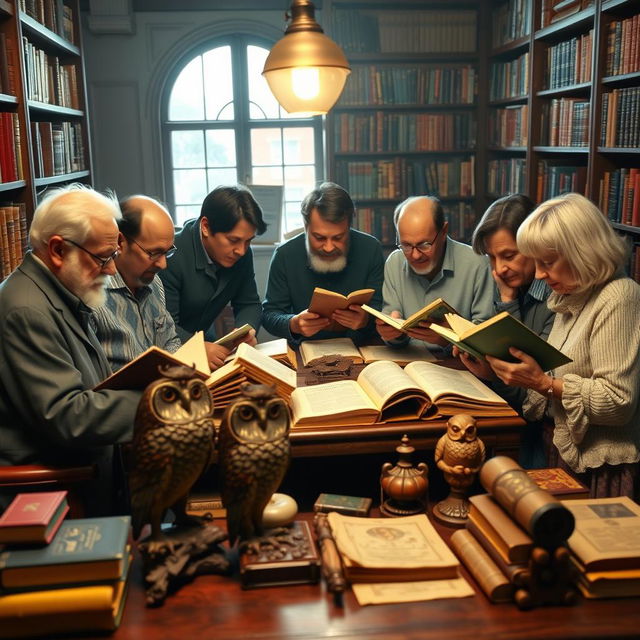 A group of seven book collectors at a table, deeply engaged in examining their precious books