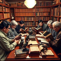 A group of seven book collectors at a table, deeply engaged in examining their precious books