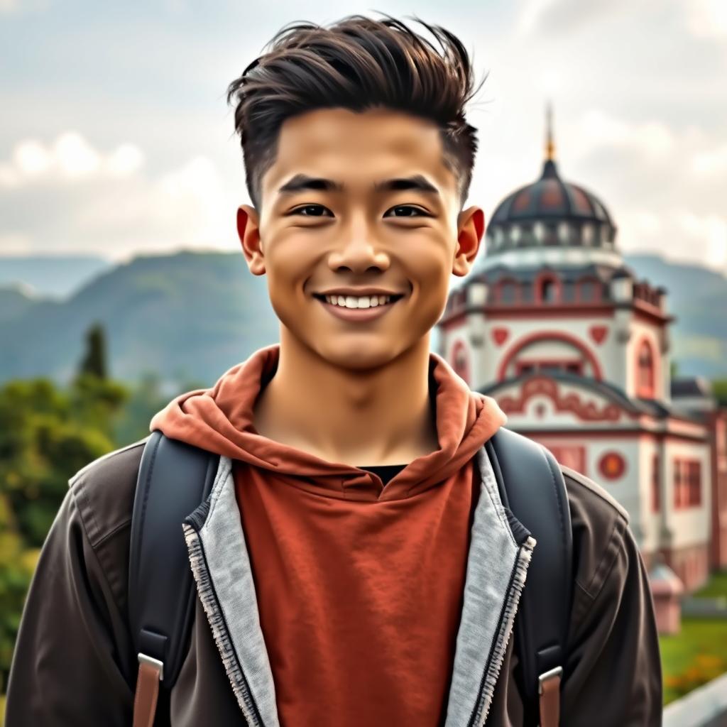 A handsome young man of mixed Indonesian and Turkish descent, featuring a baby face with a charming and youthful appearance, displaying his full body from head to toe