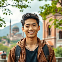 A handsome young man of mixed Indonesian and Turkish descent, featuring a baby face with a charming and youthful appearance, displaying his full body from head to toe