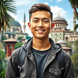 A handsome young man of mixed Indonesian and Turkish descent, featuring a baby face with a charming and youthful appearance, displaying his full body from head to toe