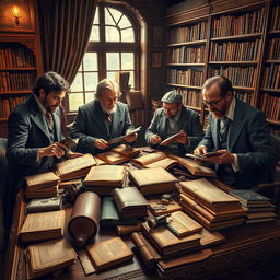 Four heterogeneous collectors examining their precious artworks in a cozy room filled with books