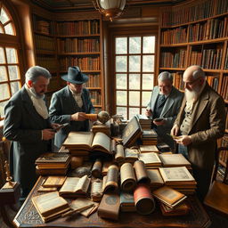 Four heterogeneous collectors examining their precious artworks in a cozy room filled with books