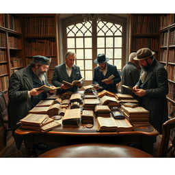 Four heterogeneous collectors examining their precious artworks in a cozy room filled with books