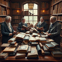 Four heterogeneous collectors examining their precious artworks in a cozy room filled with books