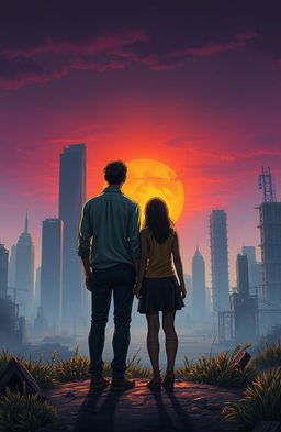A dramatic and emotional scene depicting the last two humans on Earth, standing together on a desolate landscape