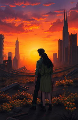 A dramatic and emotional scene depicting the last two humans on Earth, standing together on a desolate landscape
