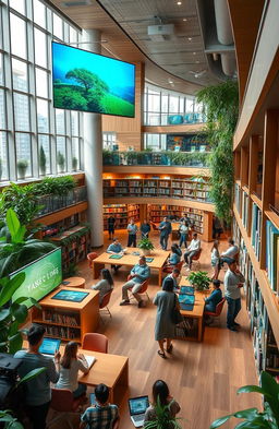 A modern library interior featuring a blend of digital and traditional elements