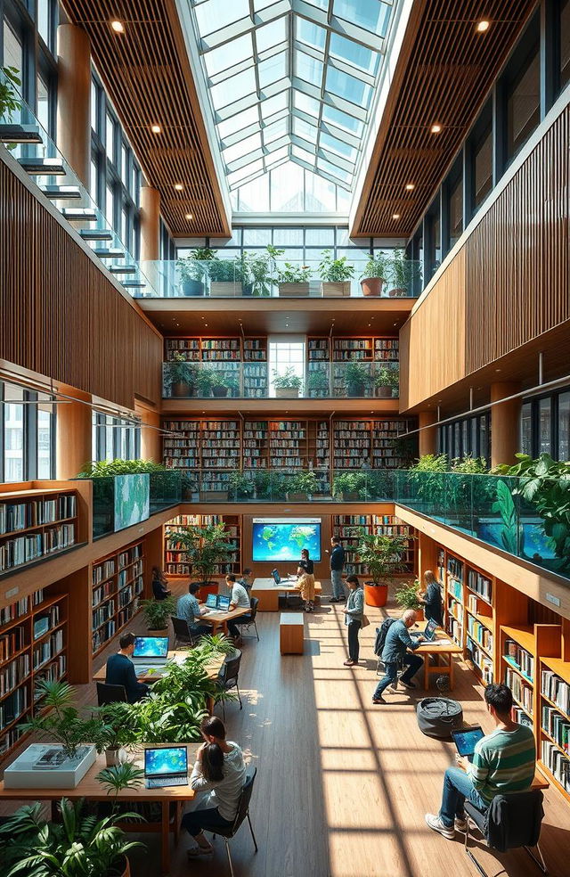 A modern library interior featuring a blend of digital and traditional elements