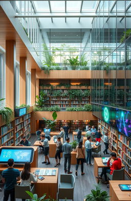 A modern library interior featuring a blend of digital and traditional elements