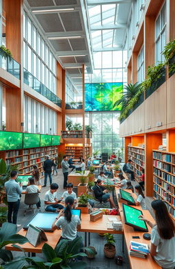 A modern library interior featuring a blend of digital and traditional elements