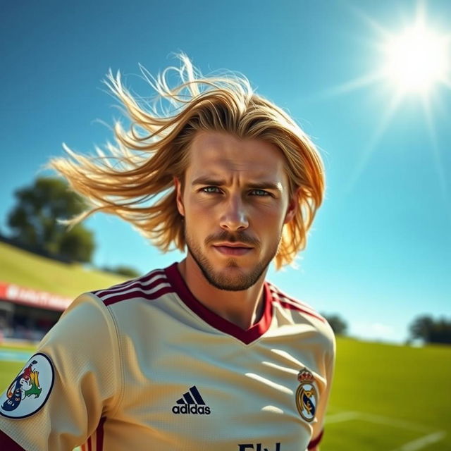 A portrait of a male soccer player resembling Toni Kroos, showcasing him with long flowing hair