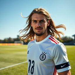 A portrait of a male soccer player resembling Toni Kroos, showcasing him with long flowing hair