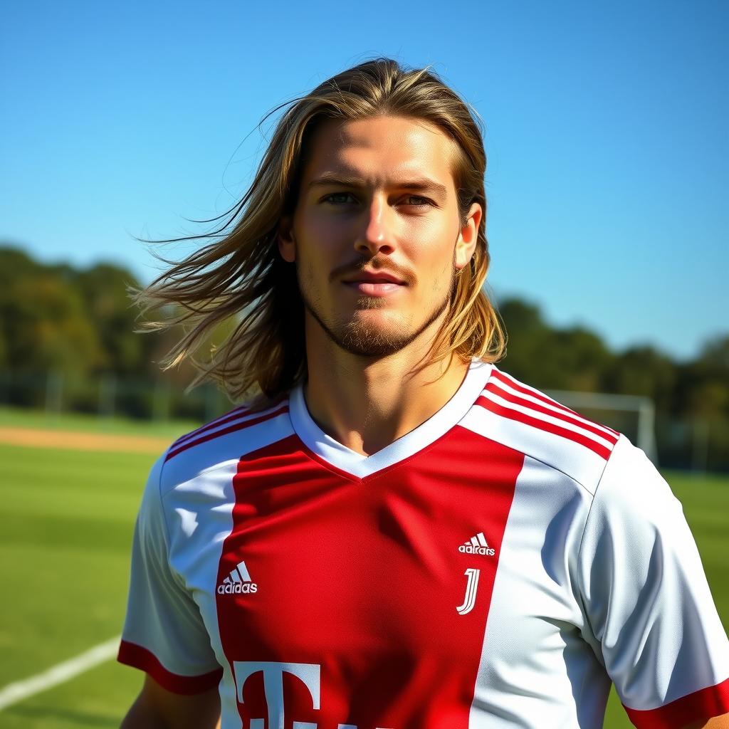 A portrait of a male soccer player resembling Toni Kroos, showcasing him with long flowing hair