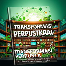 A captivating book cover design titled "Transformasi Perpustakaan: Dampak Digitalisasi terhadap Lingkungan dan Pembangunan Berkelanjutan"
