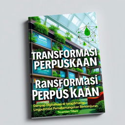 A captivating book cover design titled "Transformasi Perpustakaan: Dampak Digitalisasi terhadap Lingkungan dan Pembangunan Berkelanjutan"