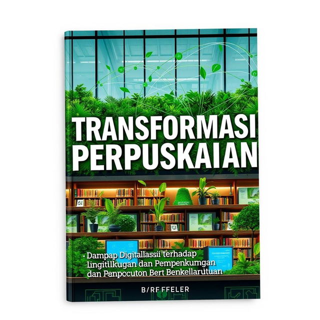 A captivating book cover design titled "Transformasi Perpustakaan: Dampak Digitalisasi terhadap Lingkungan dan Pembangunan Berkelanjutan"