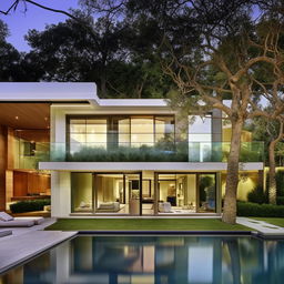 A luxurious mansion with a modern touch. Showcasing sleek design, minimalist architecture, expansive glass walls overlooking manicured lawns and a swimming pool.