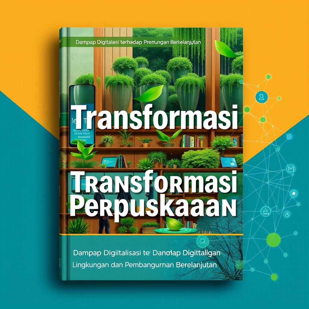 A captivating book cover design titled "Transformasi Perpustakaan: Dampak Digitalisasi terhadap Lingkungan dan Pembangunan Berkelanjutan"