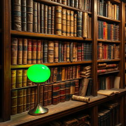 An antique bookshelf filled with ancient books, showcasing an eclectic mix of worn leather-bound tomes and parchment scrolls