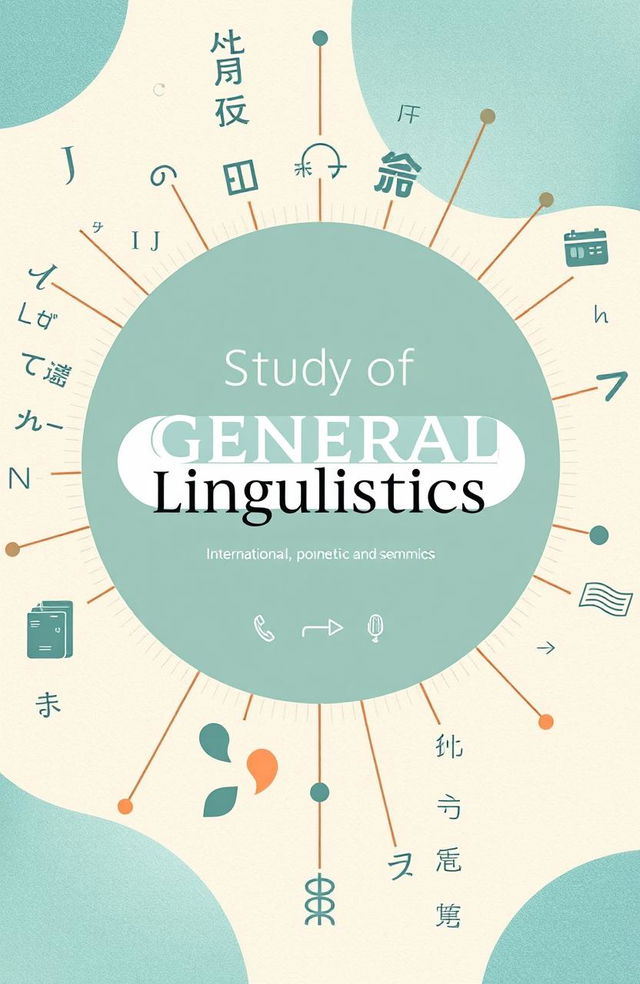 A visually striking cover page design for a study of general linguistics, featuring a stylized representation of various languages and scripts such as Latin, Arabic, Chinese, and the International Phonetic Alphabet