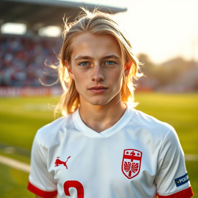 A portrait of a pale Polish football player with long hair and striking blue eyes