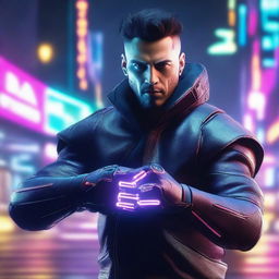 Produce a hyper-realistic, 4K image of a cool, handsome man in cyberpunk style