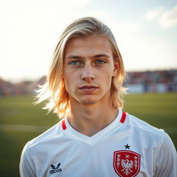 A portrait of a pale Polish football player with long hair and striking blue eyes