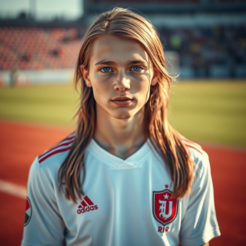 A portrait of a pale Polish football player with long hair and striking blue eyes