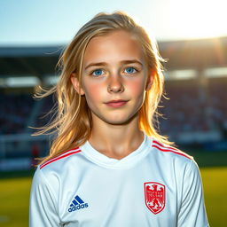 A portrait of a pale Polish football player with long hair and striking blue eyes