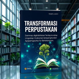 A vibrant book cover design featuring the title 'Transformasi Perpustakaan: Dampak Digitalisasi Terhadap Lingkungan dan Pembangunan Berkelanjutan' prominently displayed