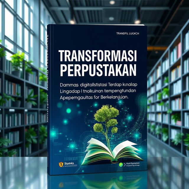 A vibrant book cover design featuring the title 'Transformasi Perpustakaan: Dampak Digitalisasi Terhadap Lingkungan dan Pembangunan Berkelanjutan' prominently displayed