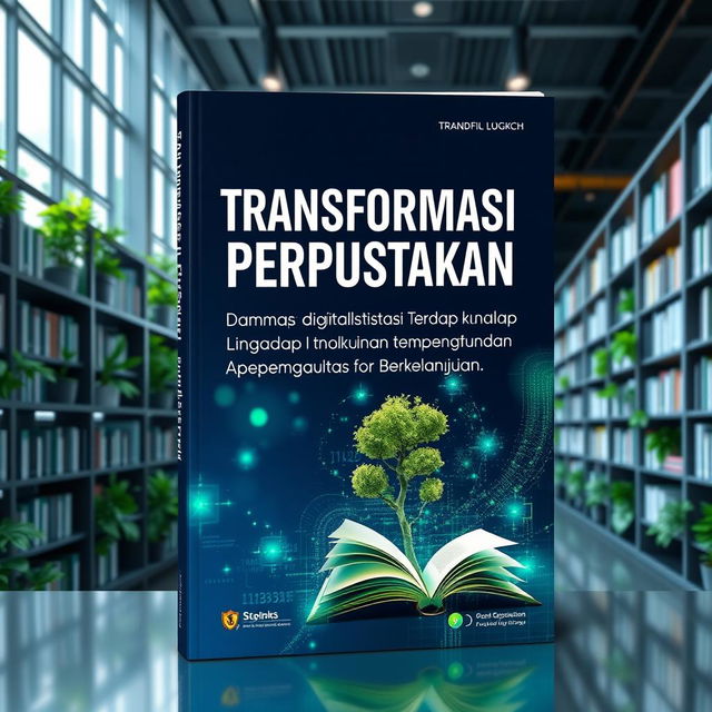 A vibrant book cover design featuring the title 'Transformasi Perpustakaan: Dampak Digitalisasi Terhadap Lingkungan dan Pembangunan Berkelanjutan' prominently displayed