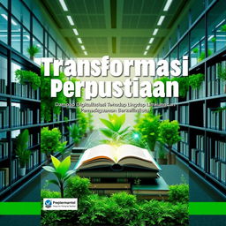 A vibrant book cover design featuring the title 'Transformasi Perpustakaan: Dampak Digitalisasi Terhadap Lingkungan dan Pembangunan Berkelanjutan' prominently displayed
