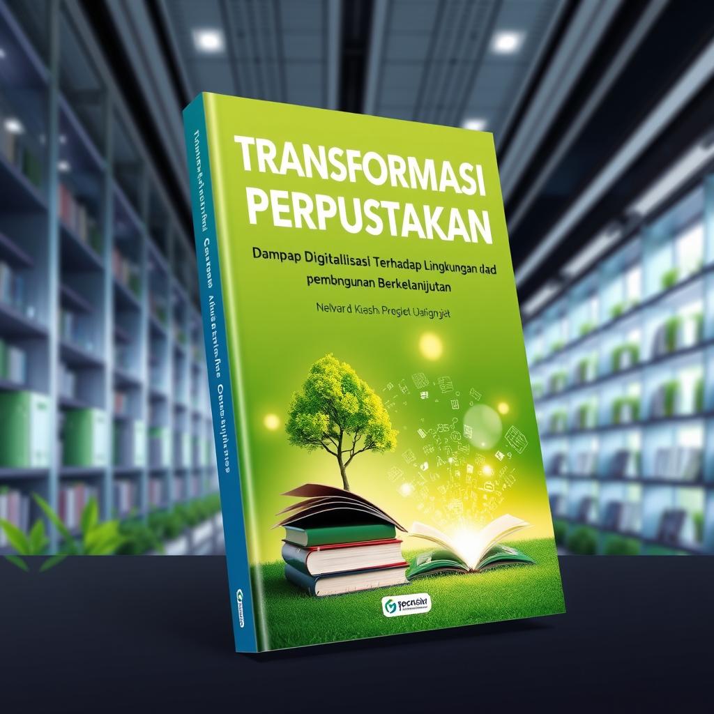 A vibrant book cover design featuring the title 'Transformasi Perpustakaan: Dampak Digitalisasi Terhadap Lingkungan dan Pembangunan Berkelanjutan' prominently displayed