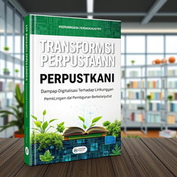 A vibrant book cover design featuring the title 'Transformasi Perpustakaan: Dampak Digitalisasi Terhadap Lingkungan dan Pembangunan Berkelanjutan' prominently displayed