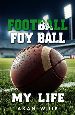 A high-energy book cover centered on a passionate football theme, featuring a close-up of a worn, classic football covered in dirt and grass stains, symbolizing the journey and struggles of the sport