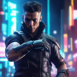 Produce a hyper-realistic, 4K image of a cool, handsome man in cyberpunk style