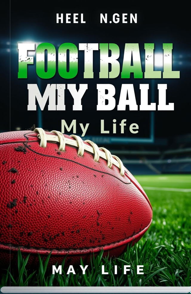 A high-energy book cover centered on a passionate football theme, featuring a close-up of a worn, classic football covered in dirt and grass stains, symbolizing the journey and struggles of the sport