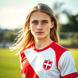 A portrait of a 22-year-old pale Polish football player with long hair and bright blue eyes