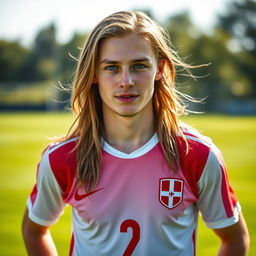A portrait of a 22-year-old pale Polish football player with long hair and bright blue eyes