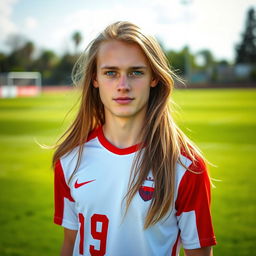 A portrait of a 22-year-old pale Polish football player with long hair and bright blue eyes
