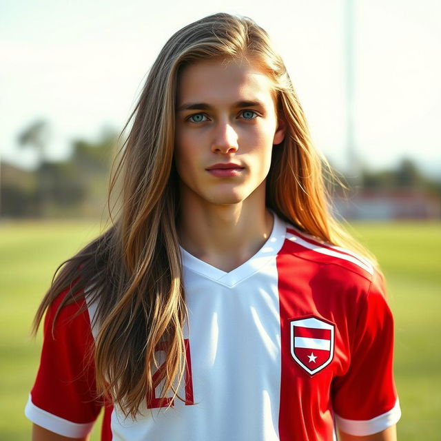 A portrait of a 22-year-old pale Polish football player with long hair and bright blue eyes