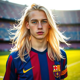 A portrait of a 22-year-old pale Polish football player with long pale hair and striking blue eyes