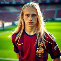 A portrait of a 22-year-old pale Polish football player with long pale hair and striking blue eyes