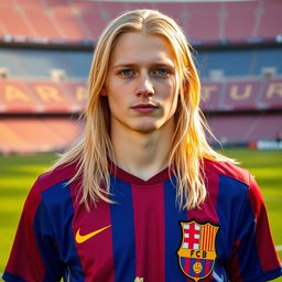 A portrait of a 22-year-old pale Polish football player with long pale hair and striking blue eyes
