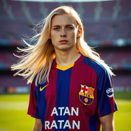 A portrait of a 22-year-old pale Polish football player with long pale hair and striking blue eyes